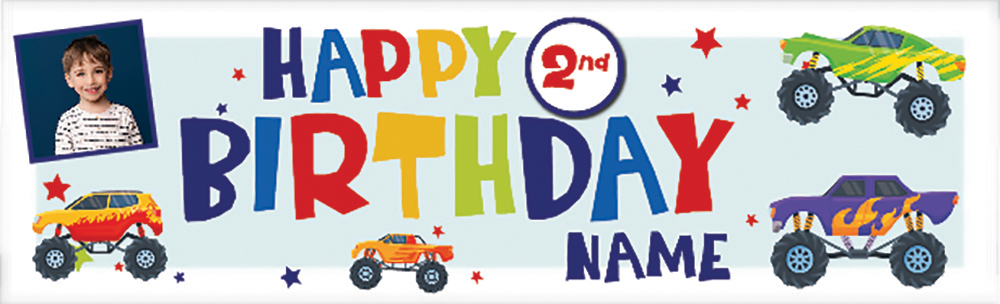 Personalised Happy 2nd Birthday Banner - Monster Truck - Custom Name & 1 Photo Upload