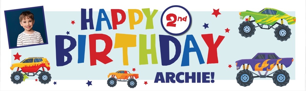 Personalised Happy 2nd Birthday Banner - Monster Truck - Custom Name & 1 Photo Upload