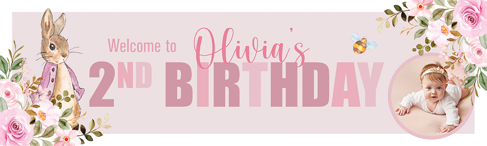 Personalised Happy 2nd Birthday Banner - Pink Rabbit - Custom Name & 1 Photo Upload