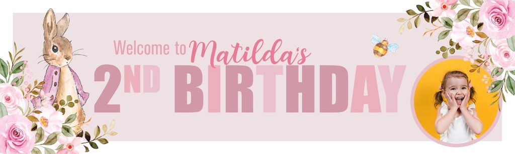 Personalised Happy 2nd Birthday Banner - Pink Rabbit - Custom Name & 1 Photo Upload