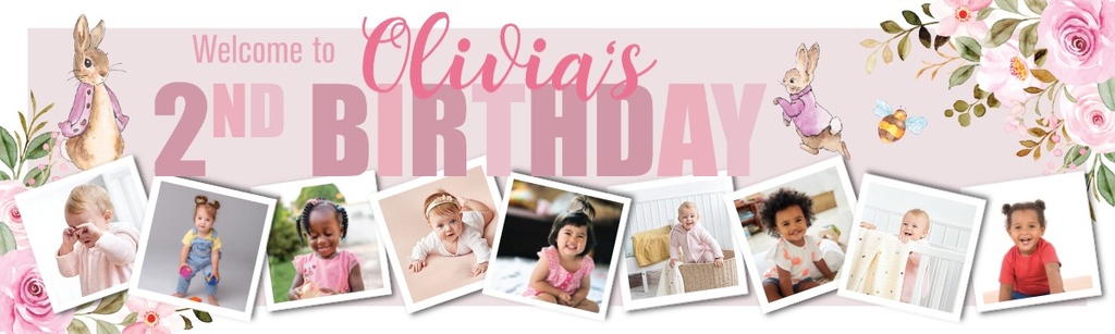 Personalised Happy 2nd Birthday Banner - Pink Rabbit - Custom Name & 9 Photo Upload