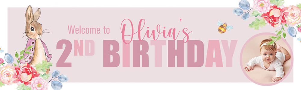 Personalised Happy 2nd Birthday Banner - Pink Rabbit Floral Welcome - Custom Name & 1 Photo