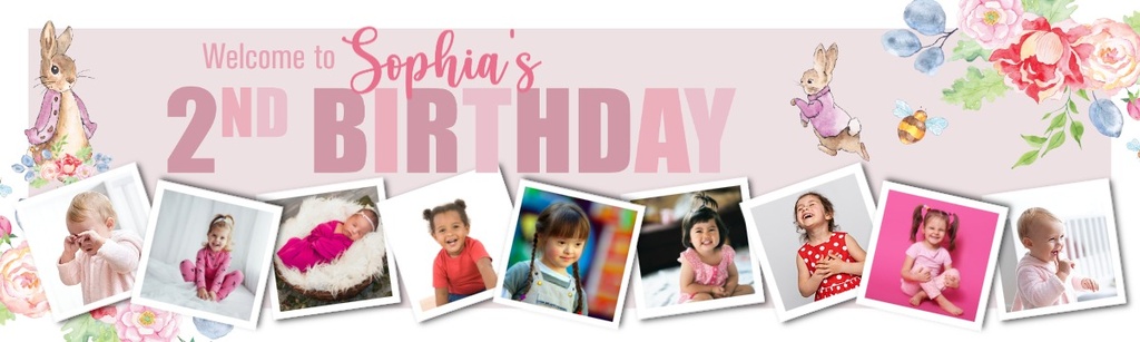 Personalised Happy 2nd Birthday Banner - Pink Rabbit Floral Welcome - Custom Name & 9 Photo