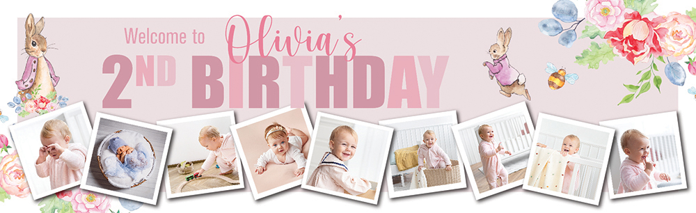 Personalised Happy 2nd Birthday Banner - Pink Rabbit Floral Welcome - Custom Name & 9 Photo