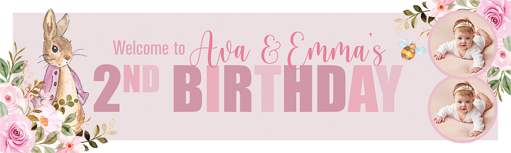 Personalised Happy 2nd Birthday Banner - Pink Rabbit Twins - Custom Name & 2 Photo Upload