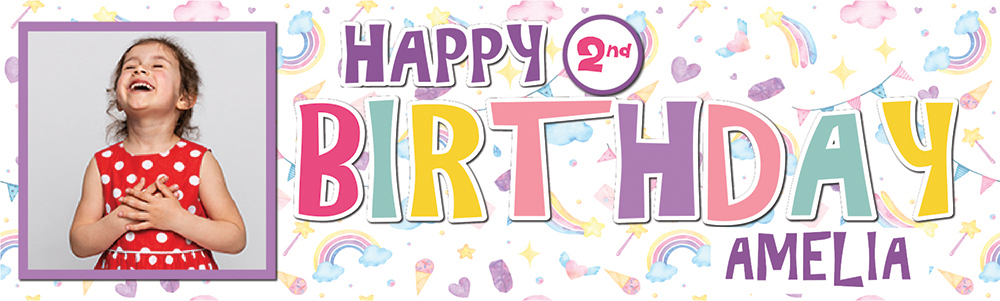 Personalised Happy 2nd Birthday Banner - Rainbow Party - Custom Name & 1 Photo Upload
