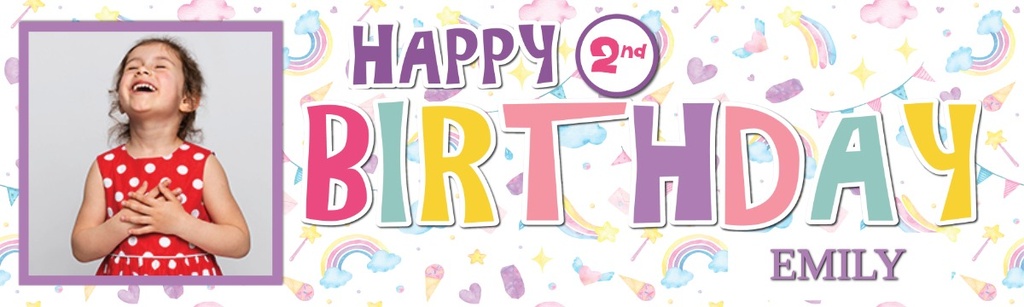 Personalised Happy 2nd Birthday Banner - Rainbow Party - Custom Name & 1 Photo Upload