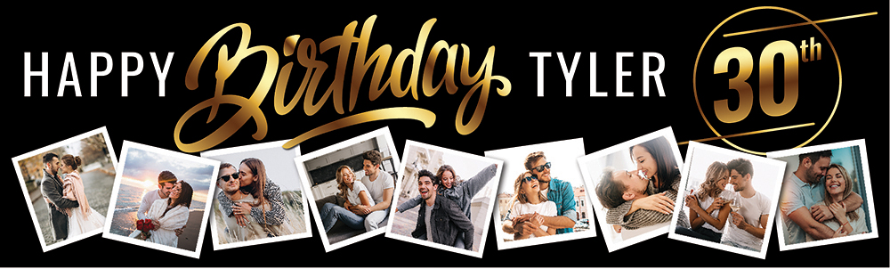 Personalised Happy 30th Birthday Banner - Black & Gold - Custom Name & 9 Photo Upload