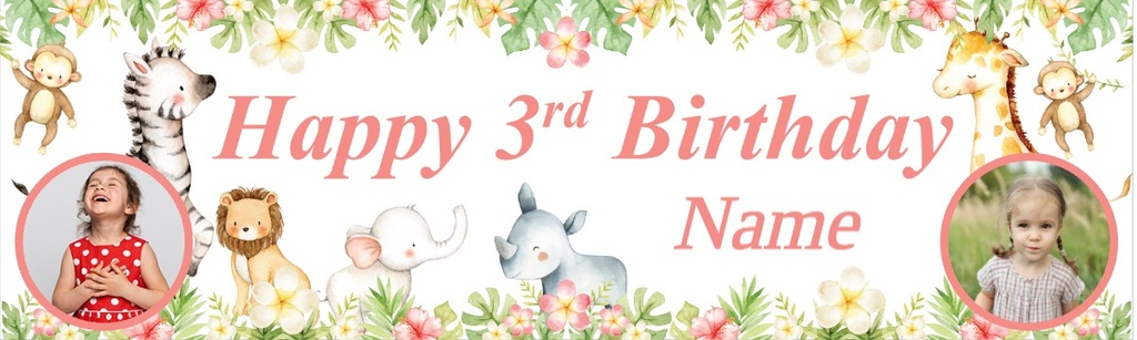 Personalised Happy 3rd Birthday Banner - Baby Safari Animals - Custom Name & 2 Photo Upload