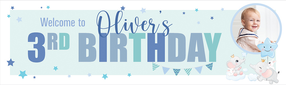 Personalised Happy 3rd Birthday Banner - Blue & Baby Elephant - Custom Name & 1 Photo Upload