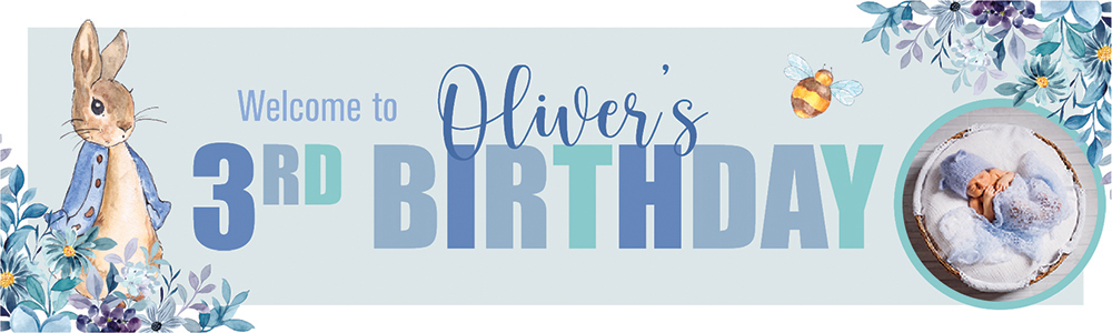 Personalised Happy 3rd Birthday Banner - Blue Rabbit - Custom Name & 1 Photo Upload