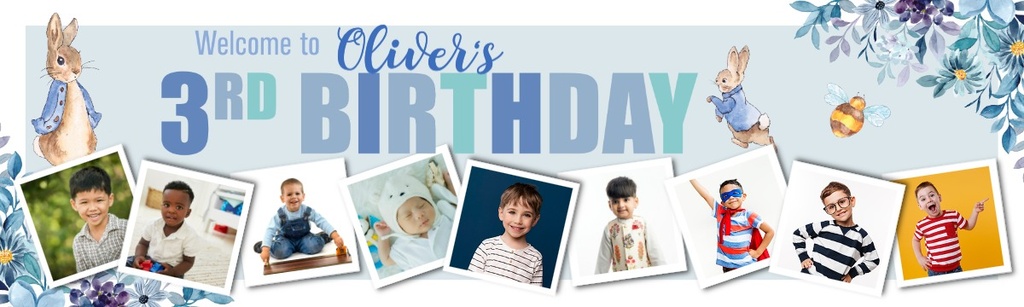 Personalised Happy 3rd Birthday Banner - Blue Rabbit - Custom Name & 9 Photo Upload