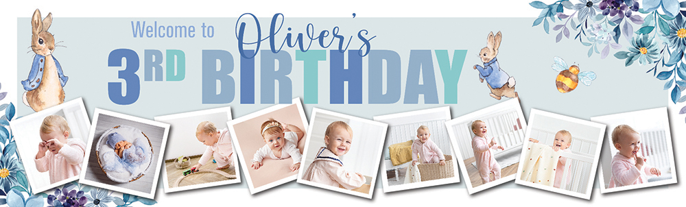 Personalised Happy 3rd Birthday Banner - Blue Rabbit - Custom Name & 9 Photo Upload