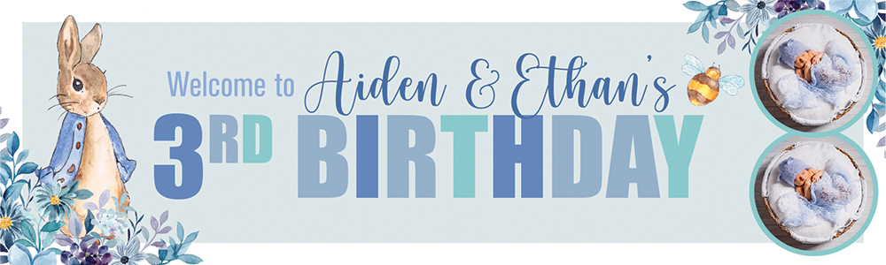 Personalised Happy 3rd Birthday Banner - Blue Rabbit Twins - Custom Name & 2 Photo Upload