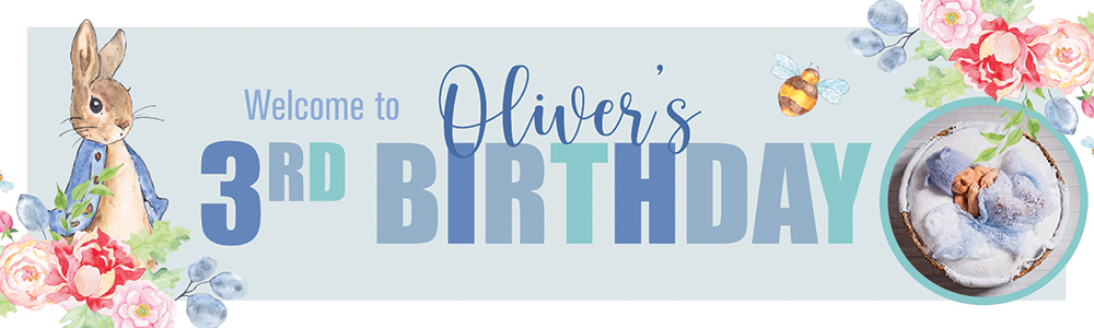Personalised Happy 3rd Birthday Banner - Blue Rabbit Welcome - Custom Name & 1 Photo Upload