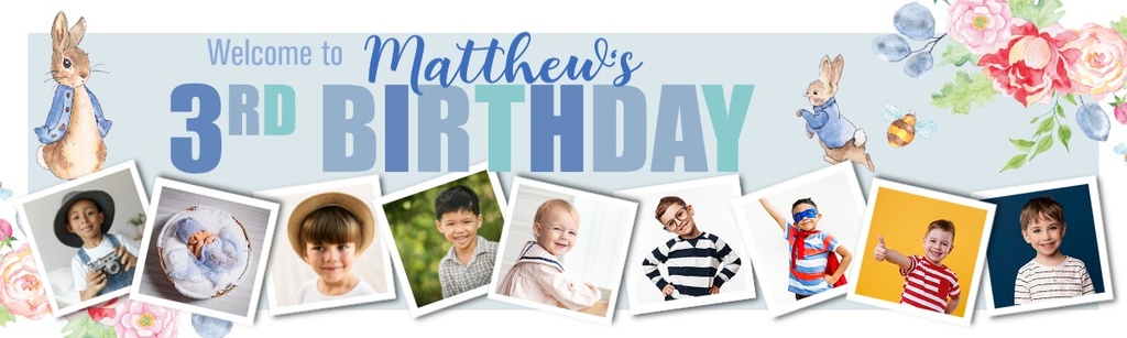 Personalised Happy 3rd Birthday Banner - Blue Rabbit Welcome - Custom Name & 9 Photo Upload