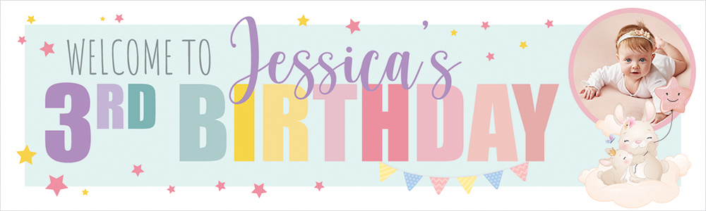 Personalised Happy 3rd Birthday Banner - Bunny & Stars - Custom Name & 1 Photo Upload