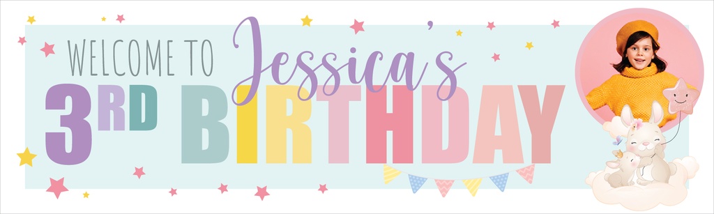 Personalised Happy 3rd Birthday Banner - Bunny & Stars - Custom Name & 1 Photo Upload