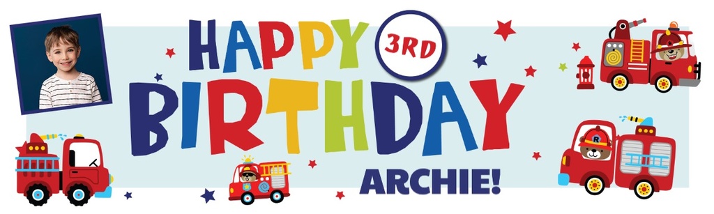 Personalised Happy 3rd Birthday Banner - Fire Engine - Custom Name & 1 Photo Upload