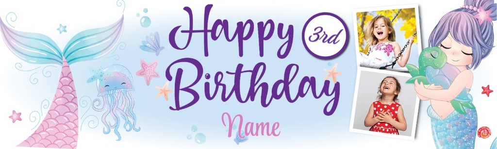 Personalised Baby Birthday Banner - Mermaid Friends - Custom Name & 2 Photos - 1st 2nd 3rd