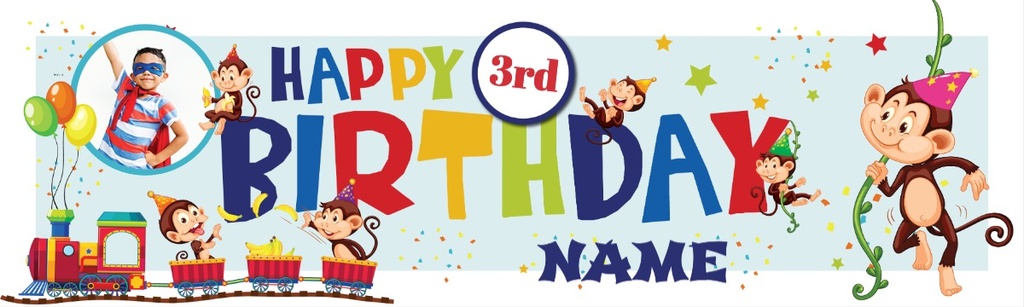 Personalised Happy 3rd Birthday Banner - Monkey Train - Custom Name & 1 Photo Upload