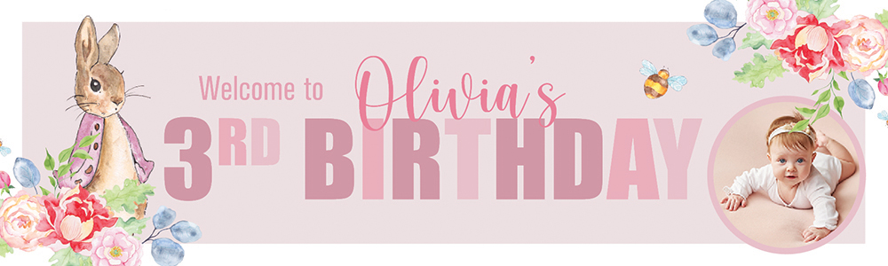 Personalised Happy 3rd Birthday Banner - Pink Rabbit Floral Welcome - Custom Name & 1 Photo