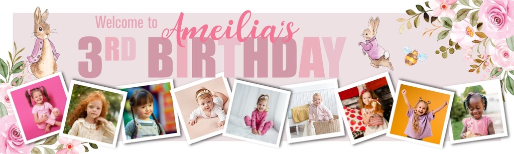 Personalised Happy 3rd Birthday Banner - Pink Rabbit - Custom Name & 9 Photo Upload