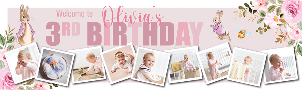 Personalised Happy 3rd Birthday Banner - Pink Rabbit - Custom Name & 9 Photo Upload