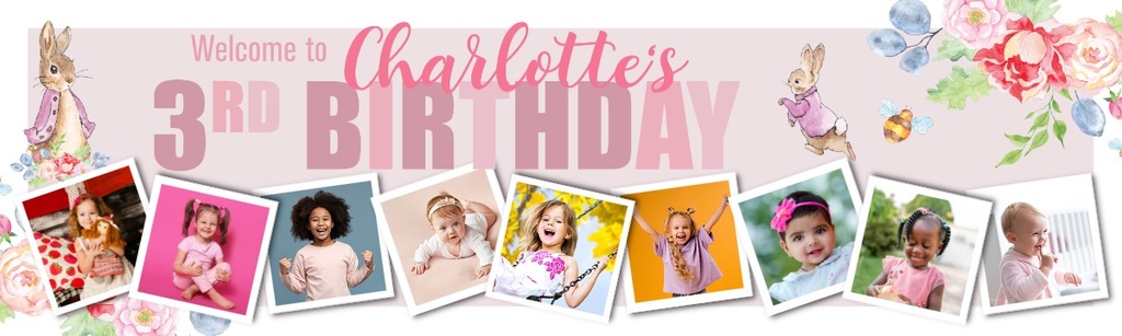 Personalised Happy 3rd Birthday Banner - Pink Rabbit Floral Welcome - Custom Name & 9 Photo