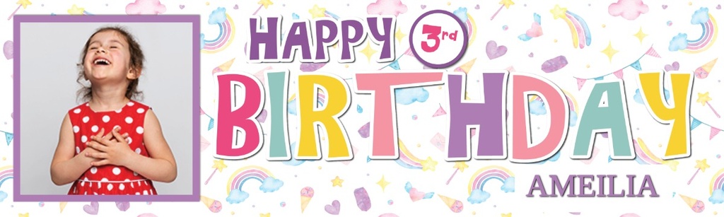 Personalised Happy 3rd Birthday Banner - Rainbow Party - Custom Name & 1 Photo Upload