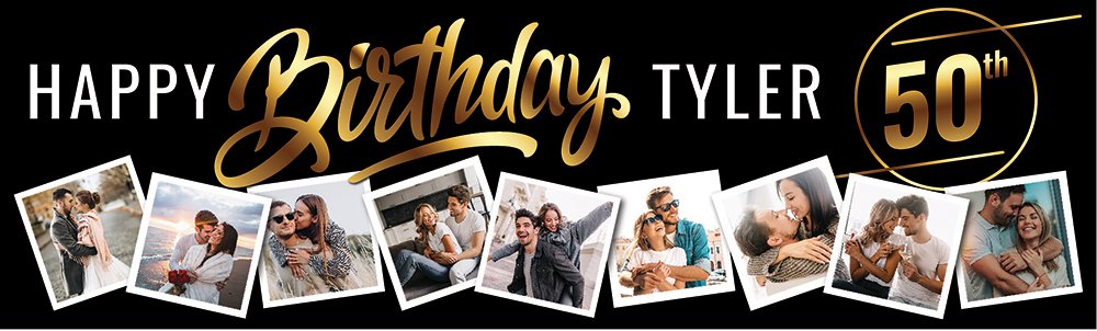 Personalised Happy 50th Birthday Banner - Black & Gold - Custom Name & 9 Photo Upload