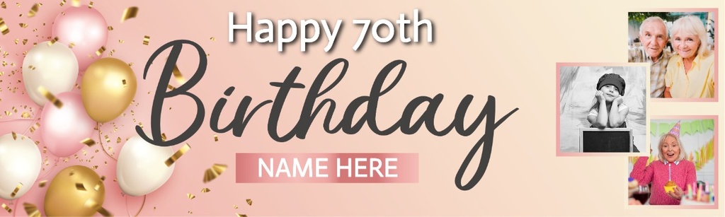 Personalised Happy 70th Birthday Banner - Pink - Custom Name & 3 Photo Upload