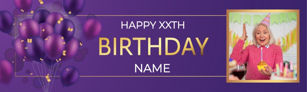 Personalised Happy XXth Birthday Banner - Purple Balloons - Add Name & 1 Photo