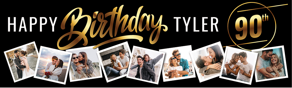 Personalised Happy 90th Birthday Banner - Black & Gold - Custom Name & 9 Photo Upload