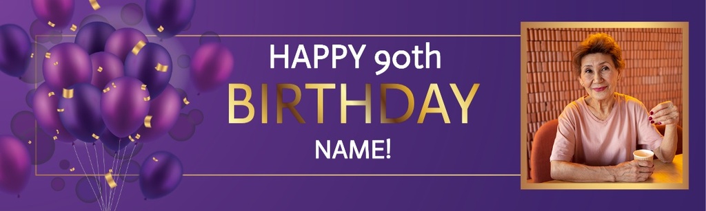 Personalised Happy 90th Birthday Banner - Purple Balloons - Custom Name & 1 Photo Upload