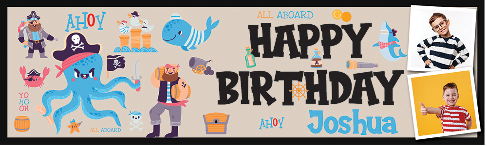 Personalised Happy Birthday Banner - Ahoy! Under The Sea Pirate - Custom Name & 2 Photo Upload