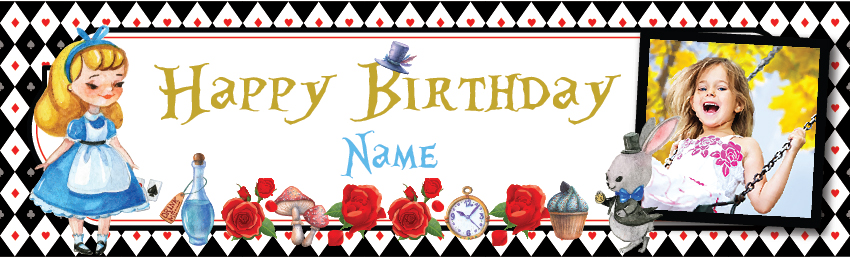 Personalised Happy Birthday Banner - Alice In Wonderland Party - 1 Photo Upload