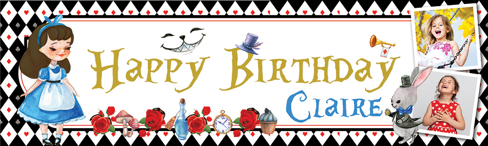 Personalised Happy Birthday Banner - Alice In Wonderland Party - Custom Name & 2 Photo Upload