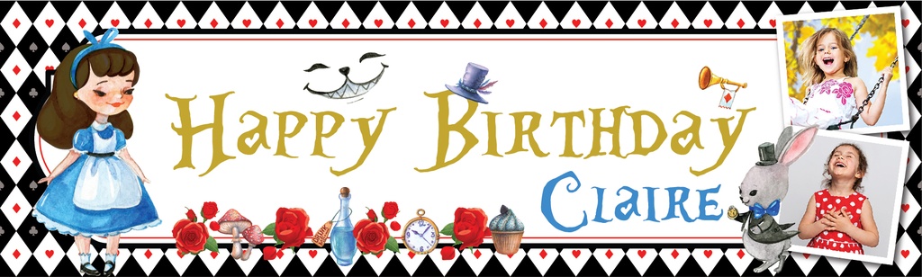 Personalised Happy Birthday Banner - Alice In Wonderland Party - Custom Name & 2 Photo Upload