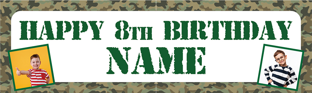 Personalised Happy Birthday Banner - Army Camo - Custom Name & Age 2 Photo Upload
