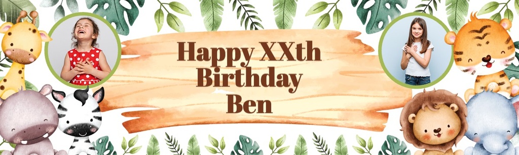 Personalised Happy Birthday Banner - Baby Jungle Animals - Custom Age & 2 Photo Upload