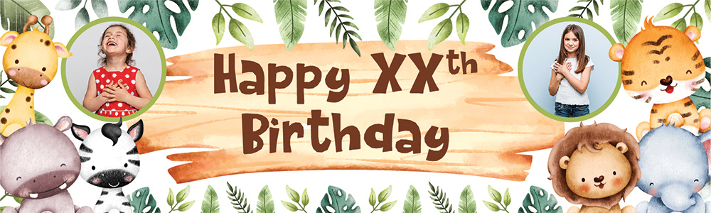 Personalised Happy Birthday Banner - Baby Jungle Animals - Custom Age & 2 Photo Upload