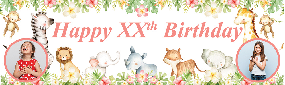 Personalised Happy Birthday Banner - Baby Safari Animals - Custom Age & 2 Photo Upload