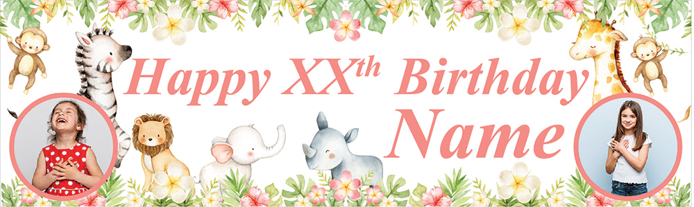 Personalised Happy Birthday Banner - Baby Safari Animals - Custom Age, Name & 2 Photo Upload