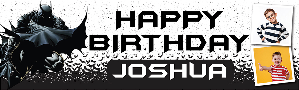 Personalised Happy Birthday Banner - Batman Superhero - Custom Name & 2 Photo Upload