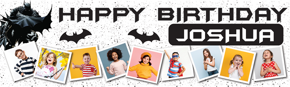 Personalised Happy Birthday Banner - Batman Superhero - Custom Name & 9 Photo Upload