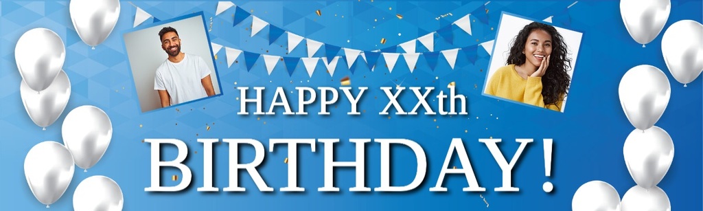 Personalised Happy Birthday Banner - Blue & White - Custom Age & 2 Photo Upload