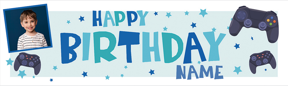 Personalised Happy Birthday Banner - Blue Gaming - Custom Name & 1 Photo Upload