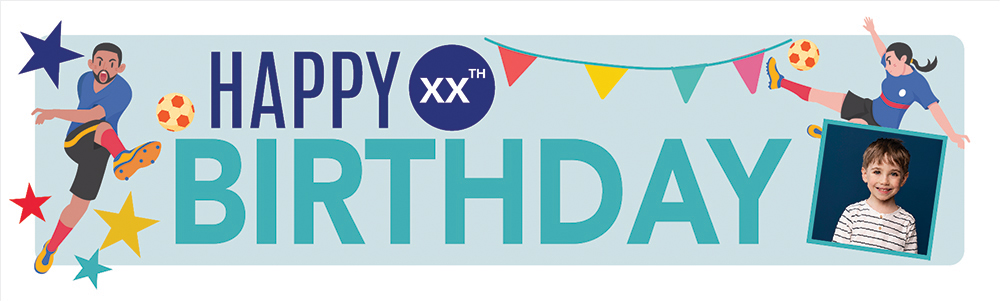 Personalised Happy Birthday Banner - Blue Kids Football - Enter Custom Age & 1 Photo Upload