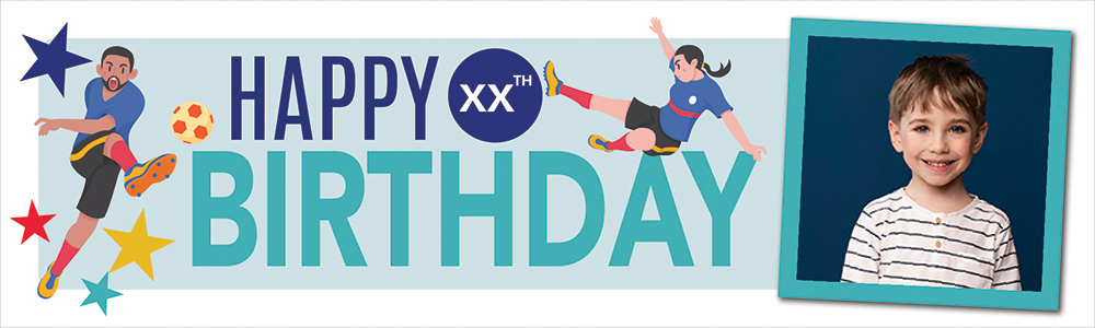 Personalised Happy Birthday Banner - Blue Kids Football - Enter Custom Age & 1 Photo Upload